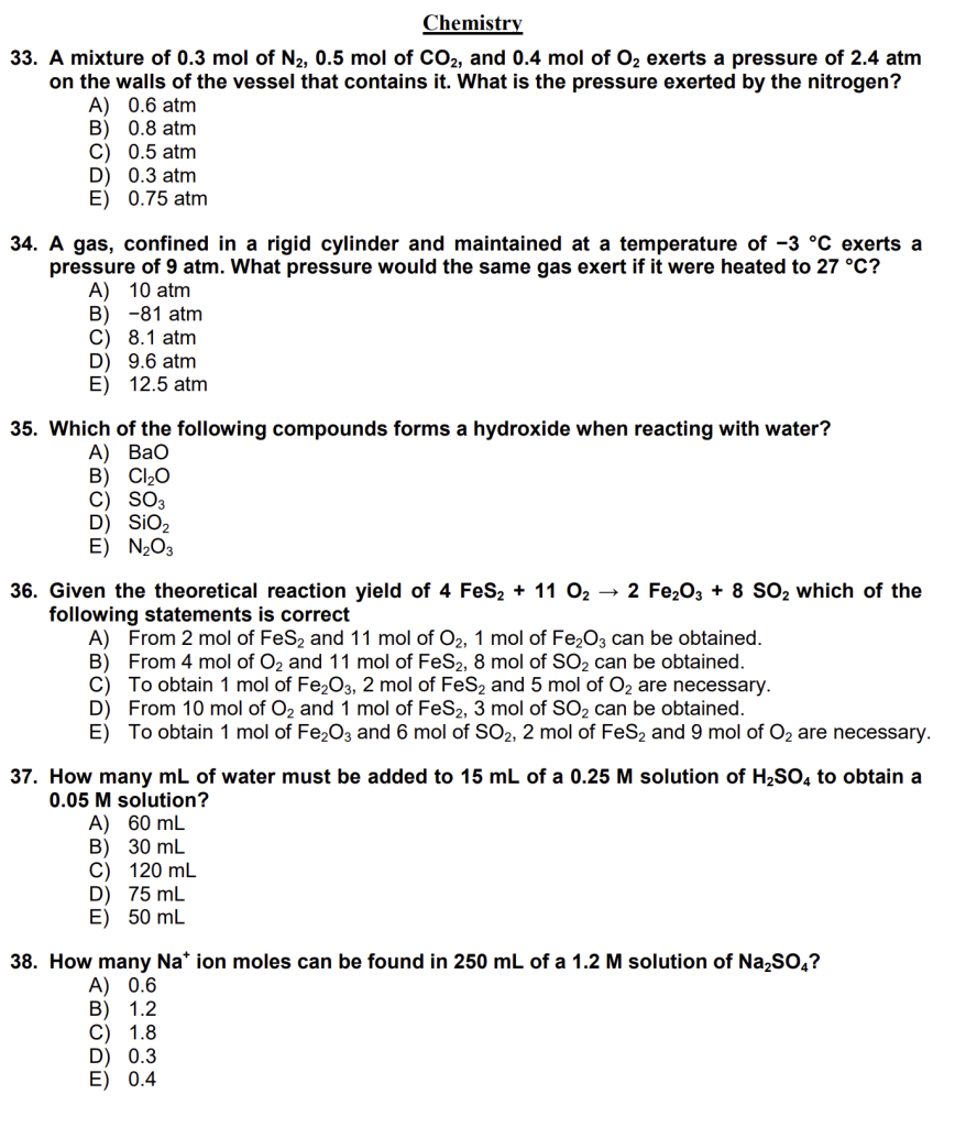 IMAT 2024 Chemistry Section Example Questions