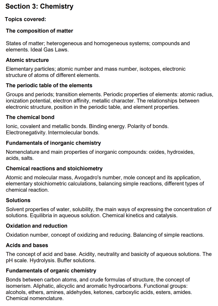 IMAT Chemistry section topics list and breakdown