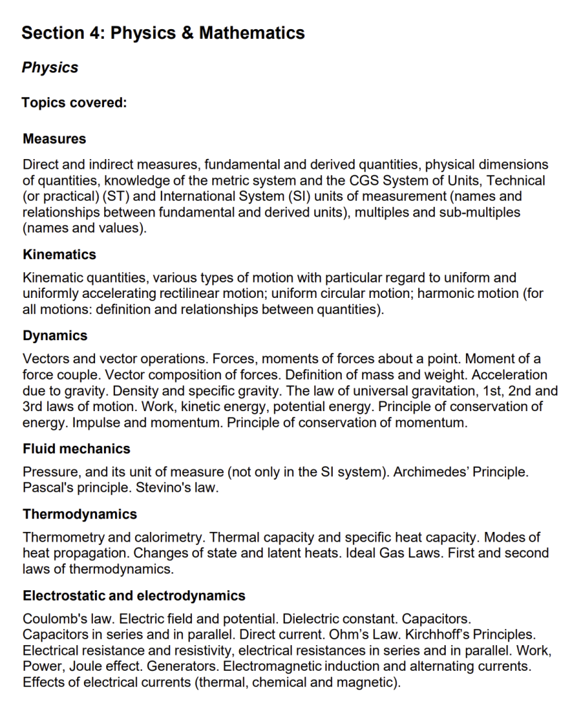 IMAT Physics section topics list and breakdown