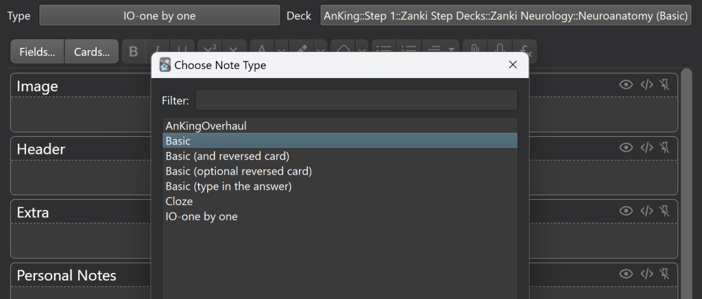 Choose the type of card you want to make, if you downloaded decks online, you will accumilate different note types, it's okay, you can even customize yours!