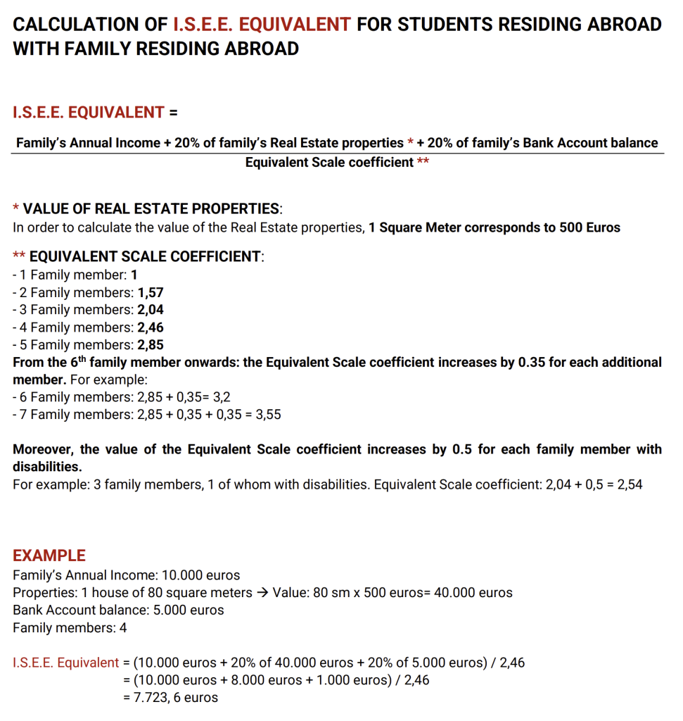 ISEE and ISPE official calculation from the Italian universities