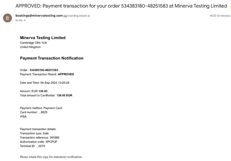 Payment confirmation email example for the IMAT exam